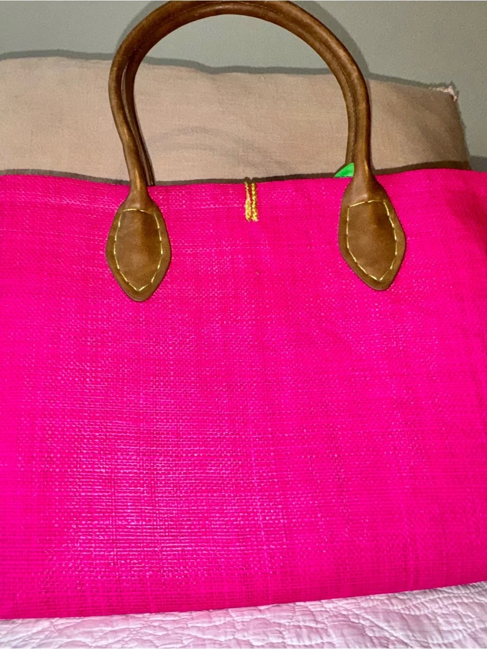 Lilly Pulitzer for Target Hot Pink Straw Tote with Brown Handles & Green Scarf - Picture 3 of 7